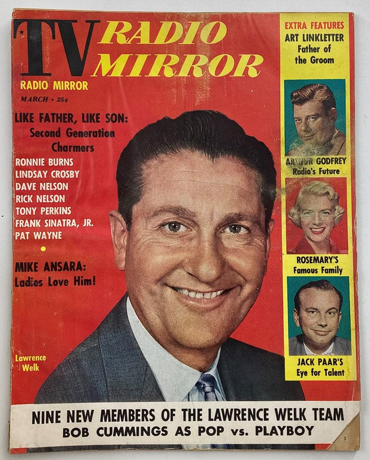 VTG TV Radio Mirror Magazine March 1958 Cover featuring a portrait of Lawrence Welk, depicting elements of 1950s pop culture and television entertainment.