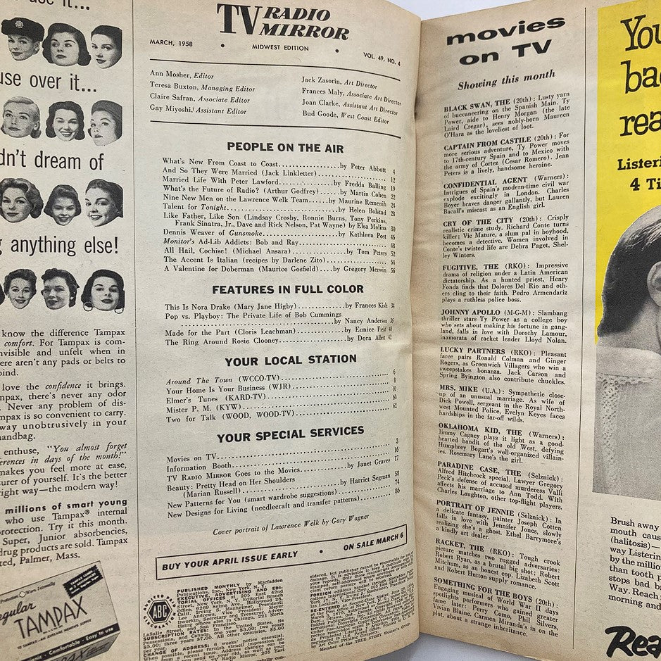 Interior page of the March 1958 TV Radio Mirror Magazine showing articles and features from the era, including listings for 'Movies on TV'.