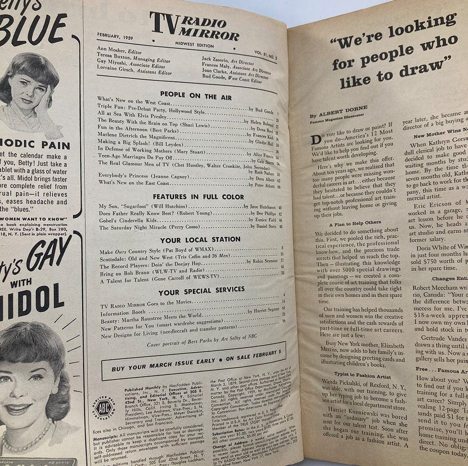 Inside pages of VTG TV Radio Mirror Magazine February 1959, displaying articles and advertisements from the era, reflecting the charm of classic television culture.