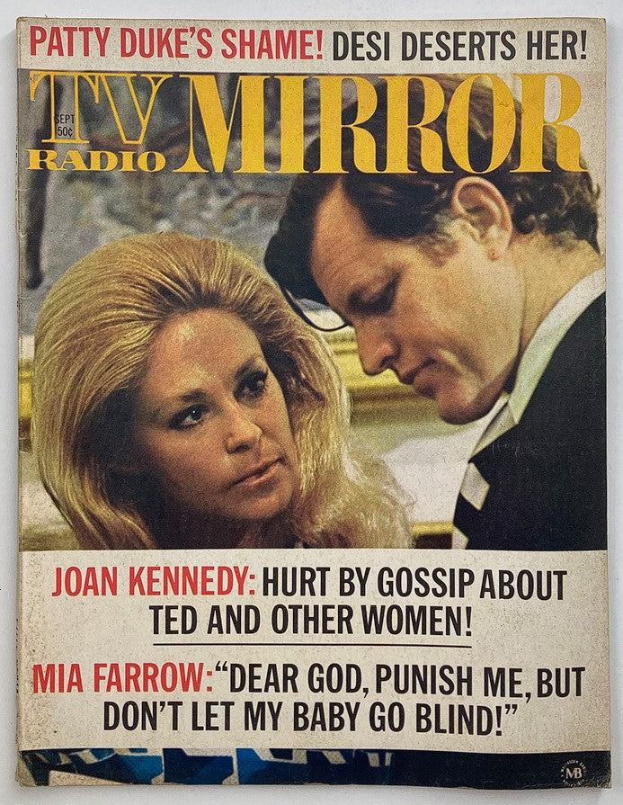 Cover of VTG TV Radio Mirror Magazine from September 1971 featuring Joan Kennedy and Mia Farrow, with bold headlines discussing celebrity gossip and personal statements.