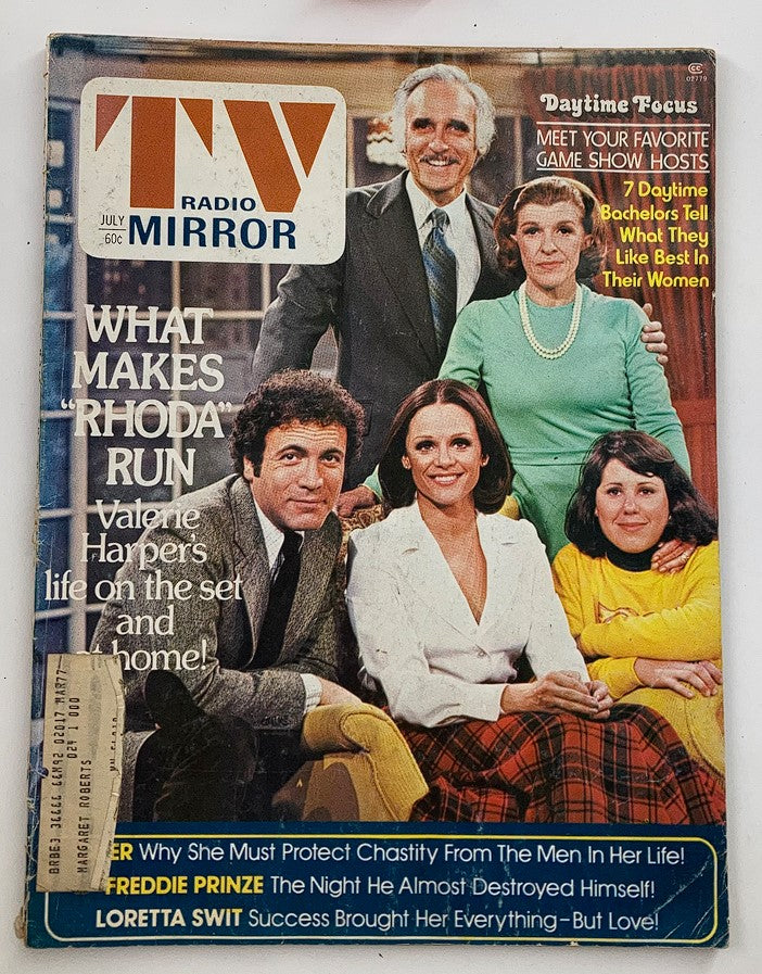 Cover of the July 1975 TV Radio Mirror Magazine featuring Valerie Harper and Freddie Prinze, showcasing the title 'What Makes Rhoda Run' along with other highlights from the mid-1970s entertainment scene.
