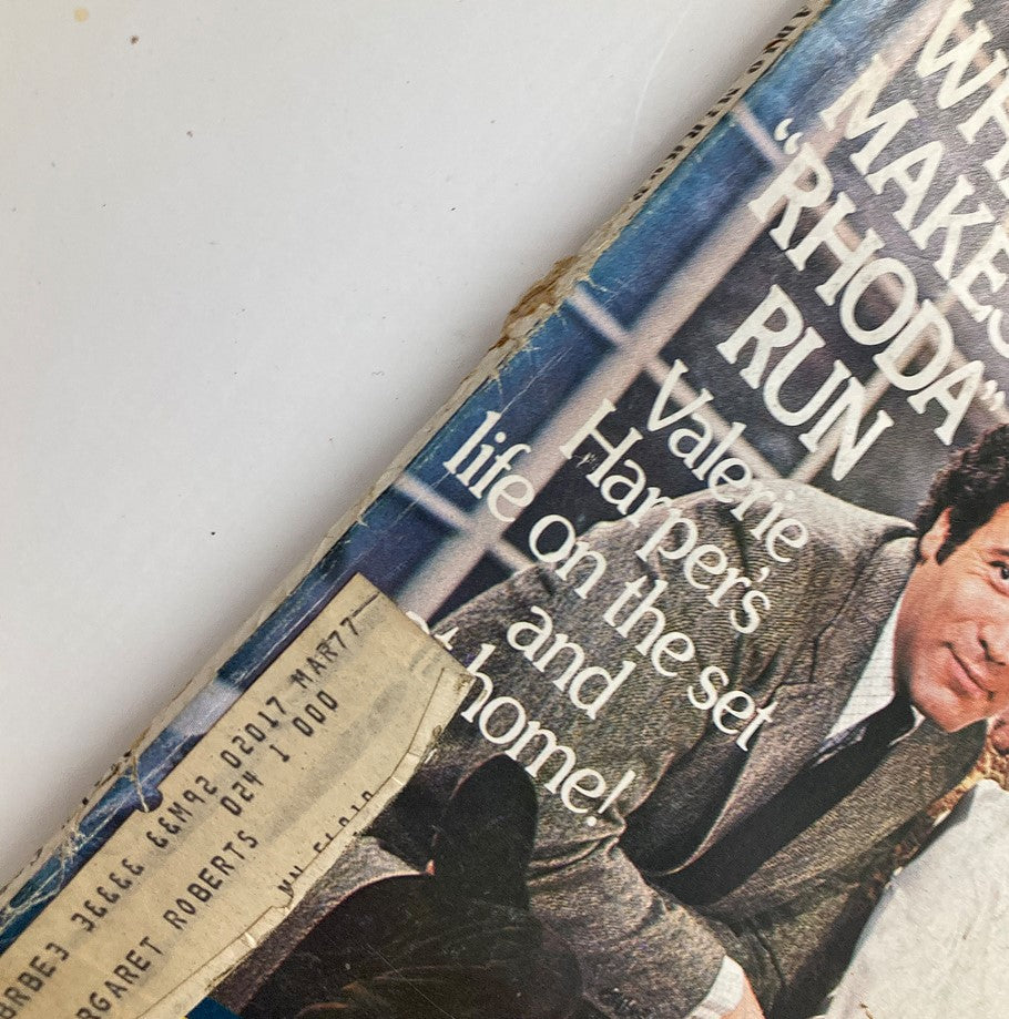 Close-up of the July 1975 TV Radio Mirror Magazine cover, emphasizing the title 'What Makes Rhoda Run' and displaying Valerie Harper's life on set and at home with Freddie Prinze.