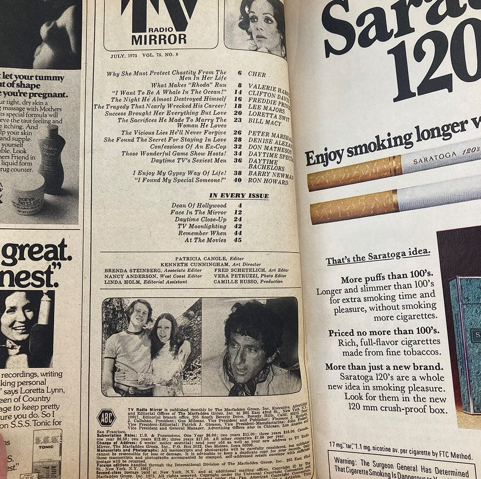 Inside page of the VTG TV Radio Mirror Magazine July 1975 featuring an article list with stars like Valerie Harper and Freddie Prinze. Showcases vintage advertisements and a nostalgic glimpse into 1970s television culture.
