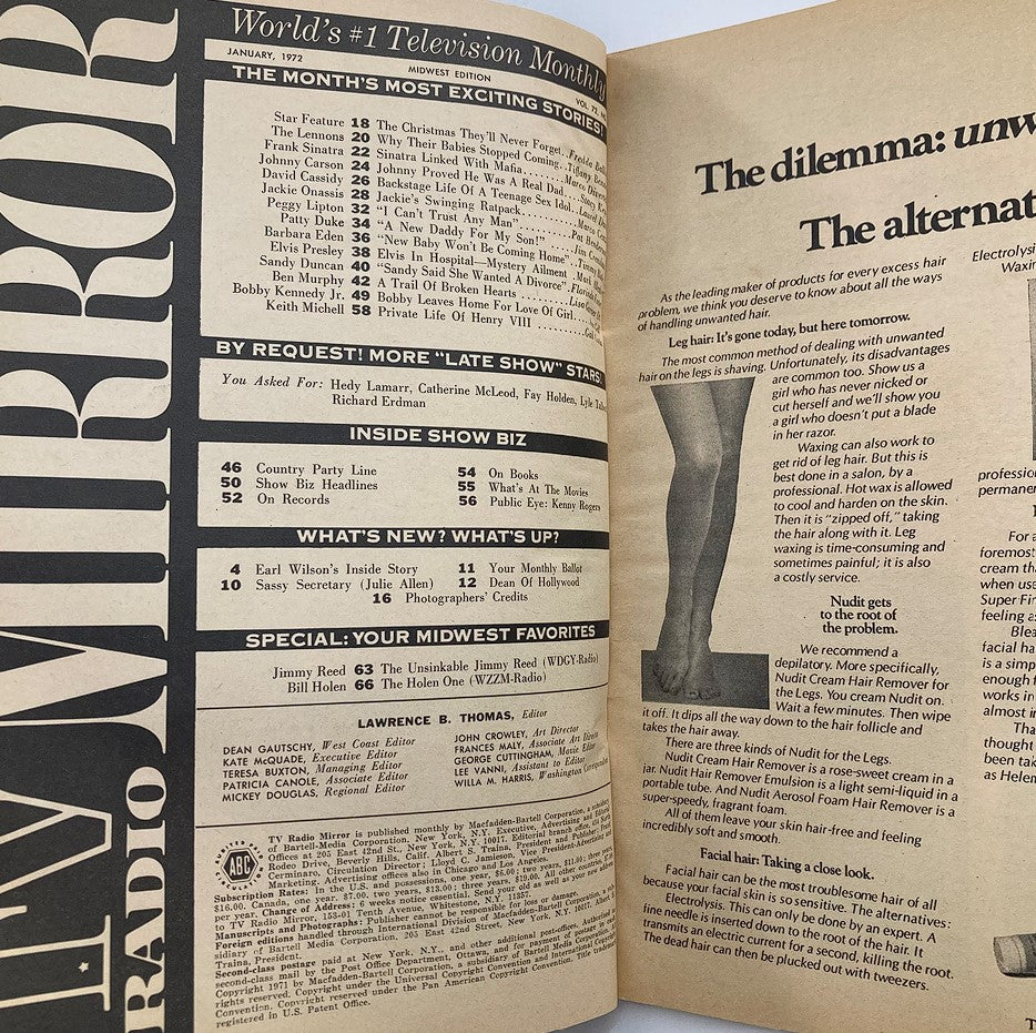 Inside page of January 1972 VTG TV Radio Mirror magazine displaying contents and articles related to popular television stories and personalities.
