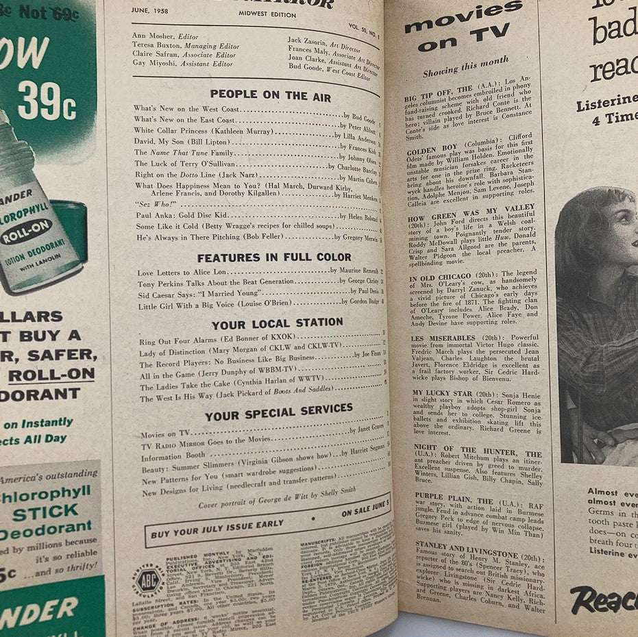Interior page of the VTG TV Radio Mirror Magazine June 1958, showcasing articles, features, and advertisements from the golden era of television and radio.