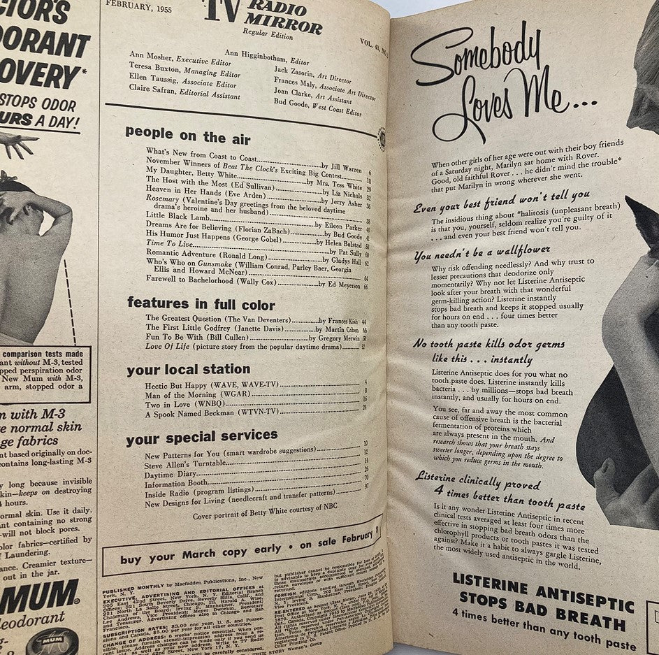 Interior page of VTG TV Radio Mirror Magazine February 1955 displaying a contents page with articles, features, and advertisements relevant to the era.