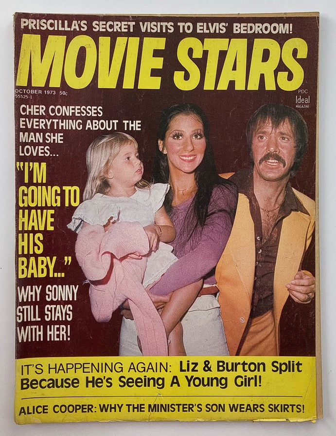 VTG Movie Stars Magazine October 1973 Vol 26 #6 featuring Cher and Sonny on the cover, showcasing their iconic presence, with highlights about Cher's personal confessions, and images related to 1970s pop culture.