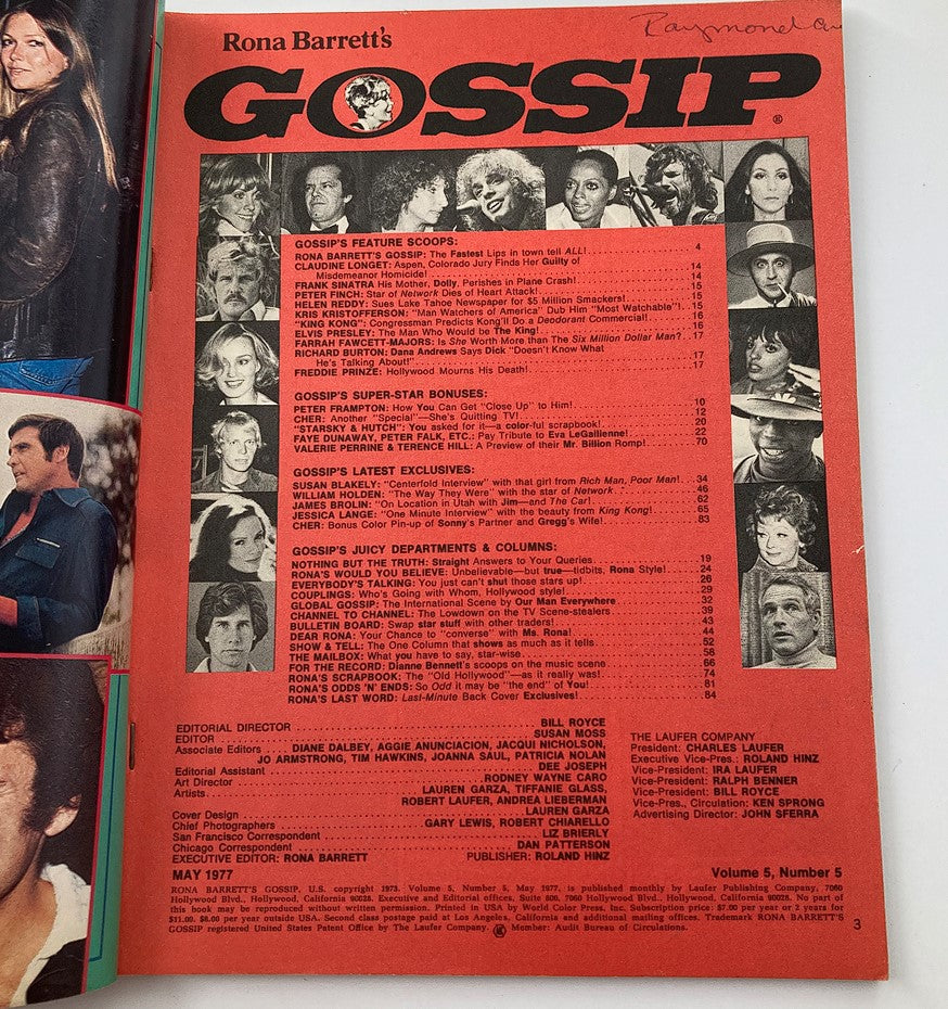 Inside page of VTG Rona Barrett's Gossip Magazine May 1977 featuring celebrity articles and images, with a focus on gossip columns and star profiles from the era.