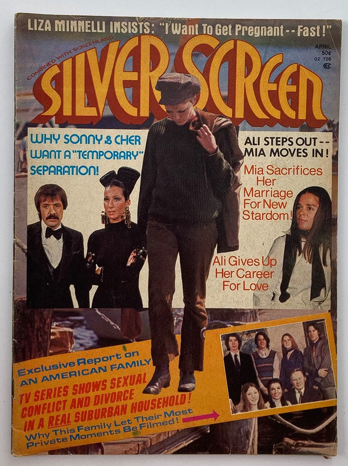 VTG Silver Screen Magazine April 1973 Vol 43 #4 featuring prominent stars Mia Farrow, Sonny, and Cher on the cover, showcasing 1970s Hollywood glamour.