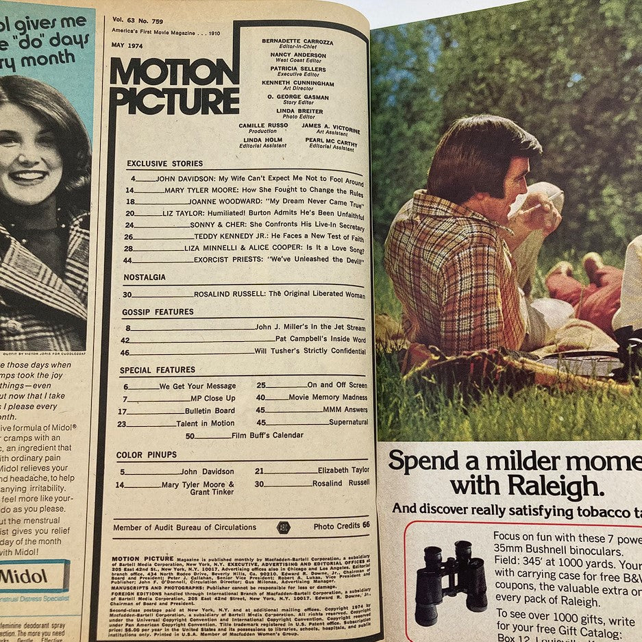 Inside page of Motion Picture Magazine May 1974 Vol 63 #759, showcasing the table of contents. Features celebrity articles including Liza Minnelli, John Davidson, and a nostalgic piece on Rosalind Russell. Highlights the magazine's focus on Hollywood's film industry and cultural trends.