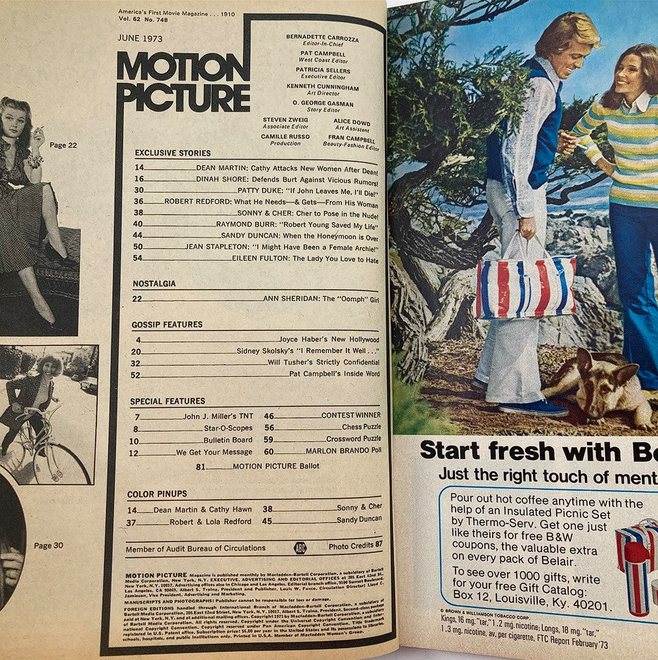 Interior page of Vintage Motion Picture Magazine June 1973, displaying the contents and features, including articles on Dean Martin and Patty Duke.