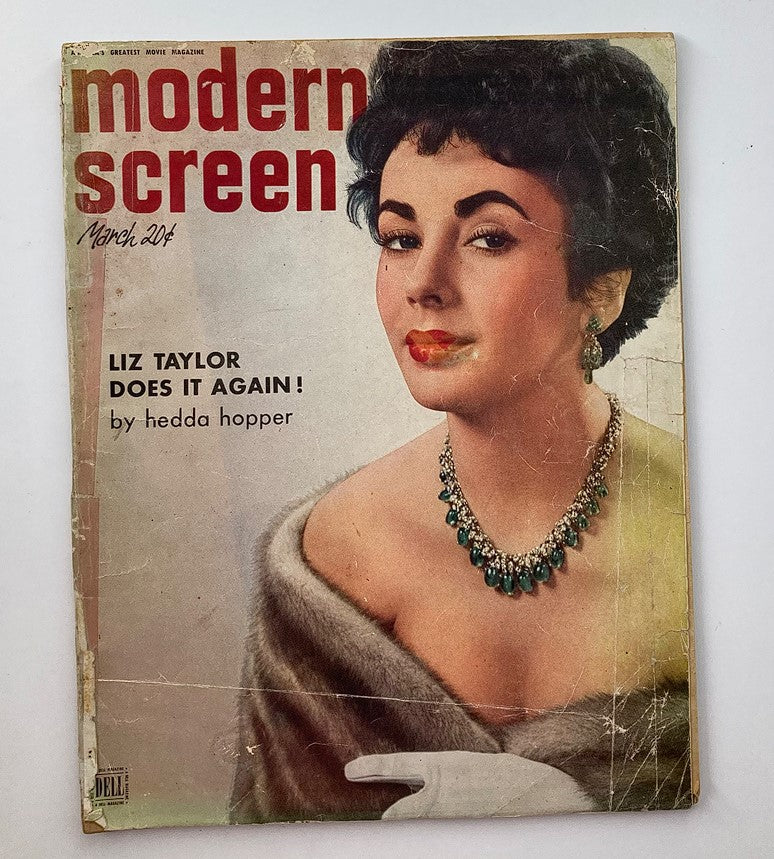 Vintage Modern Screen Magazine March 1952 featuring a portrait of Elizabeth Taylor with striking makeup and jewelry, showcasing Hollywood glamour.