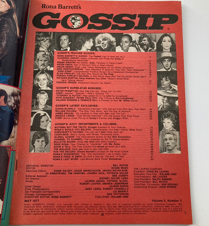 Interior page of Rona Barrett's Gossip Magazine May 1977, displaying the table of contents with features including Peter Finch and Farrah Fawcett-Majors, highlighting the magazine's diverse celebrity coverage.