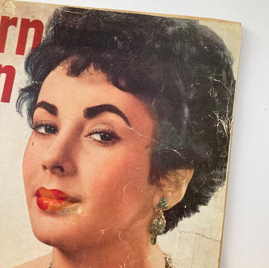 Close-up view of the Vintage Modern Screen Magazine March 1952 cover, displaying an iconic portrait of Elizabeth Taylor with bold eyebrows and elegant accessories.