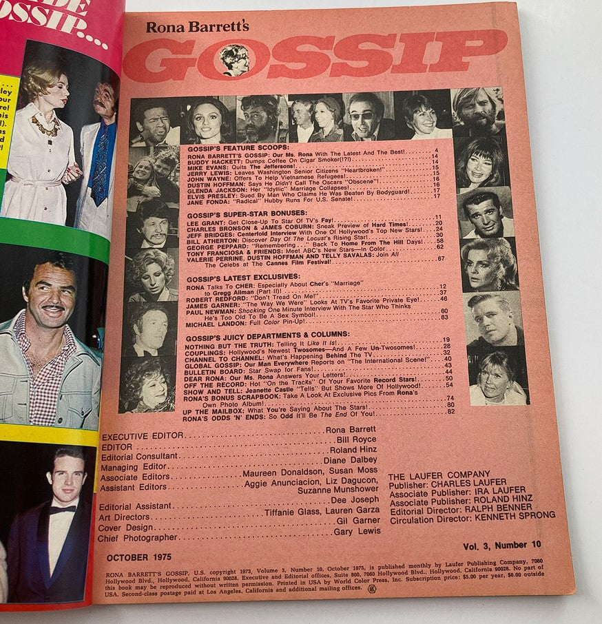 Interior page of VTG Rona Barrett's Gossip Magazine October 1975 displaying feature articles, editor notes, and celebrity images.