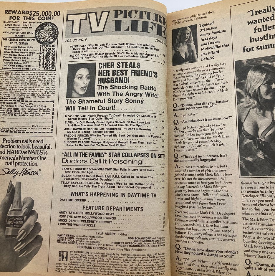 Inside page of the VTG TV Picture Life Magazine June 1975 displaying key articles and features, highlighting Cher and Peter Falk.