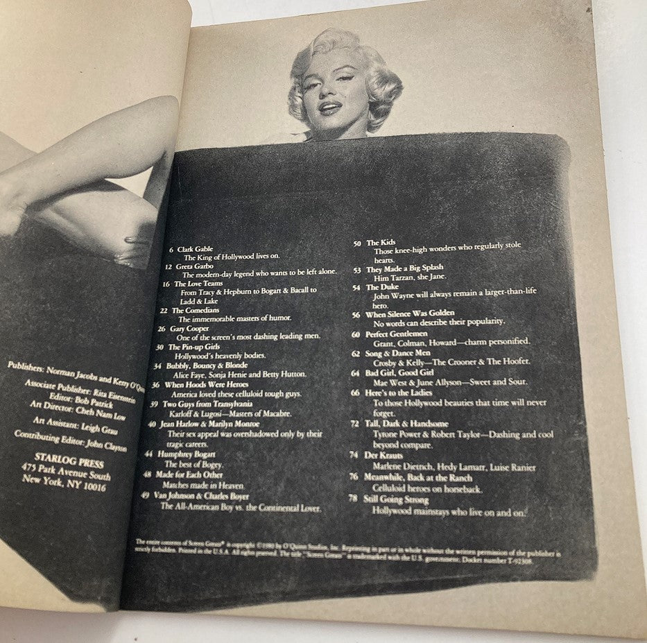 Interior page of Screen Greats Hollywood Nostalgia Magazine 1980 Vol 1 displaying a list of articles and a photograph of Marilyn Monroe, highlighting the magazine's celebration of classic film history.