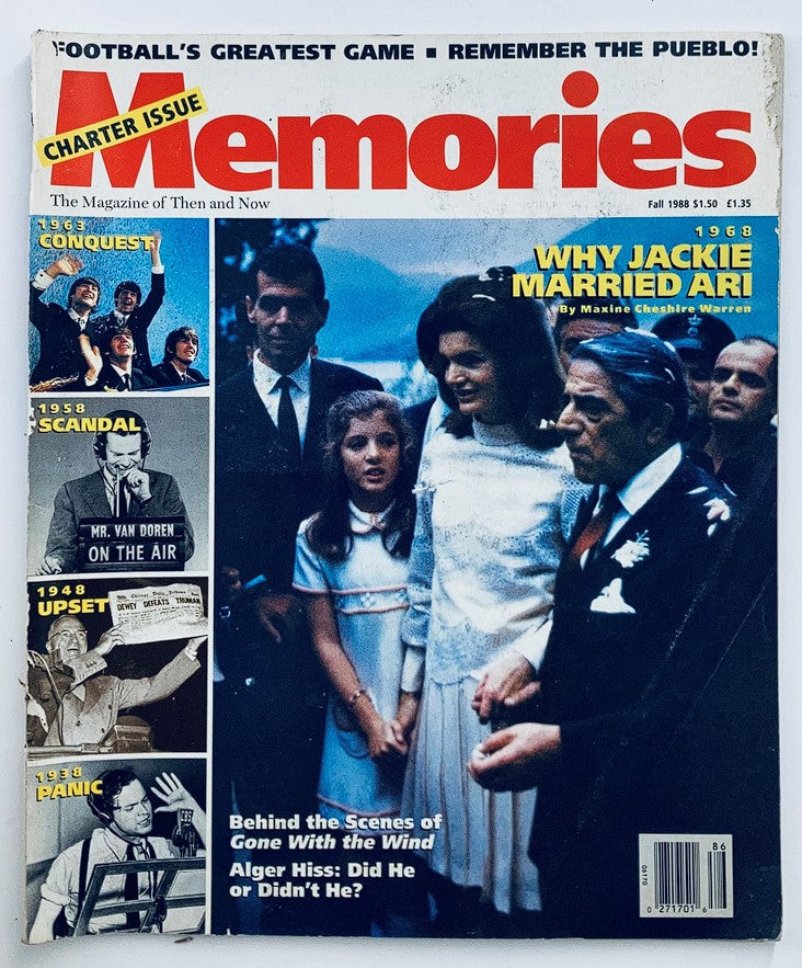 VTG Memories Magazine Fall 1988 cover featuring Jacqueline Kennedy and Aristotle Onassis, highlighting iconic moments from American pop culture.