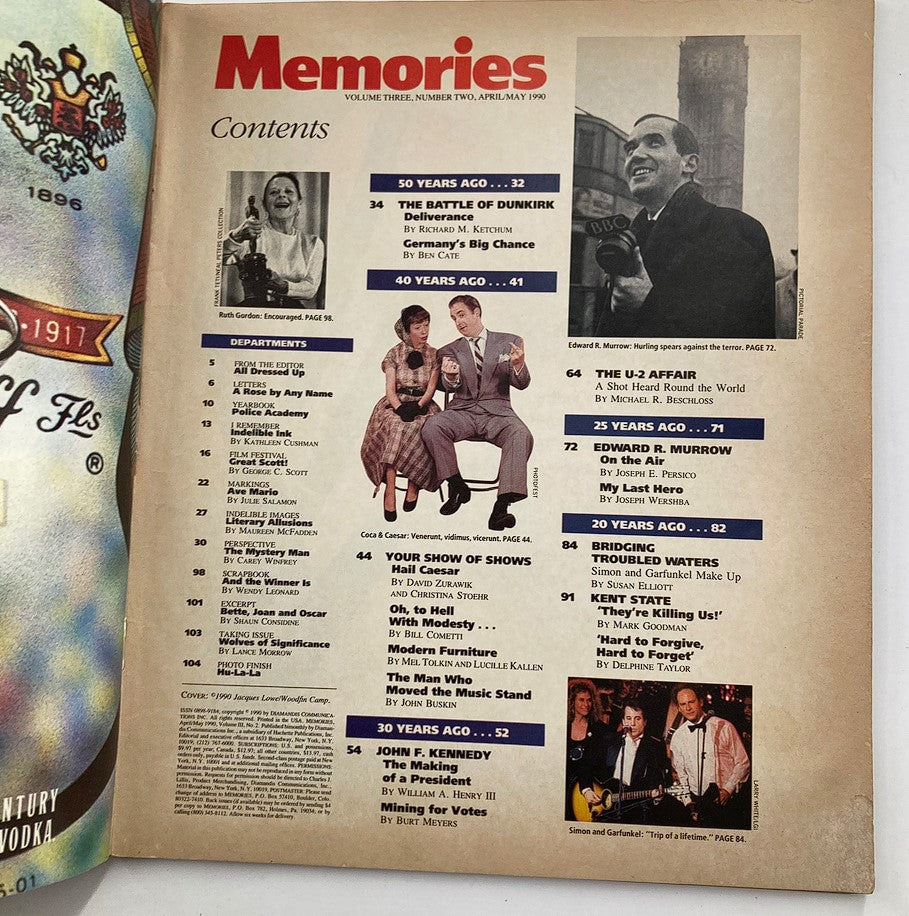 Contents page of Memories Magazine April 1990 Vol 3 #2, featuring articles on John F. Kennedy and Edward R. Murrow, along with various featured topics and department details.