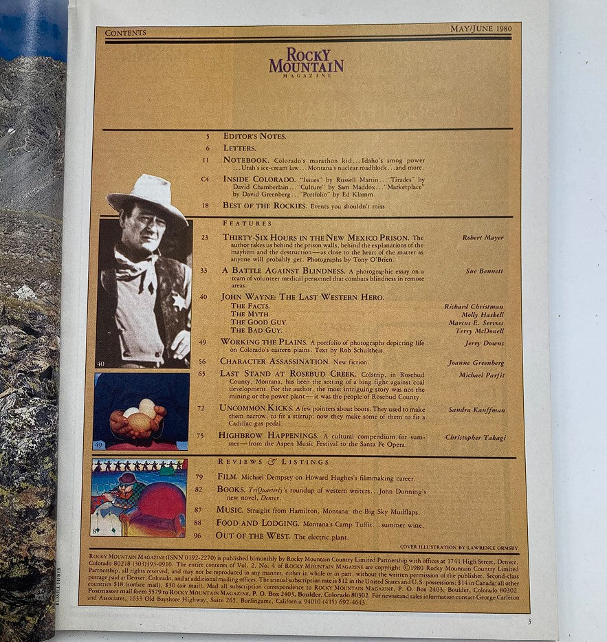Contents page of the Rocky Mountain Magazine May/June 1980 issue, featuring the article list including John Wayne: The Last Western Hero.
