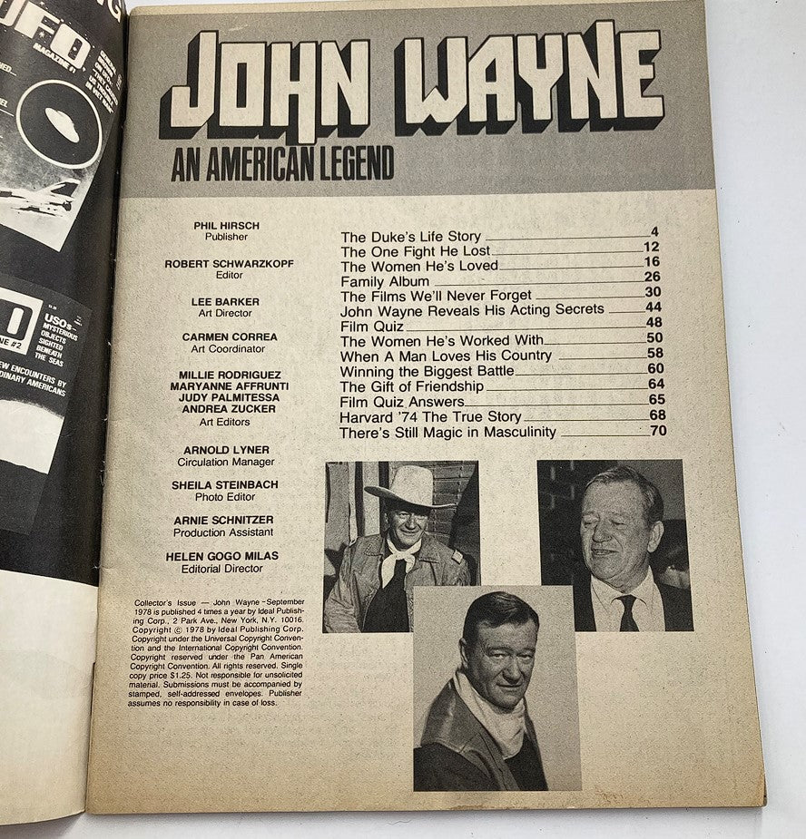 Inside page of VTG Collector's Issue Magazine September 1970 featuring the table of contents, highlighting articles about John Wayne's life and career contributions.