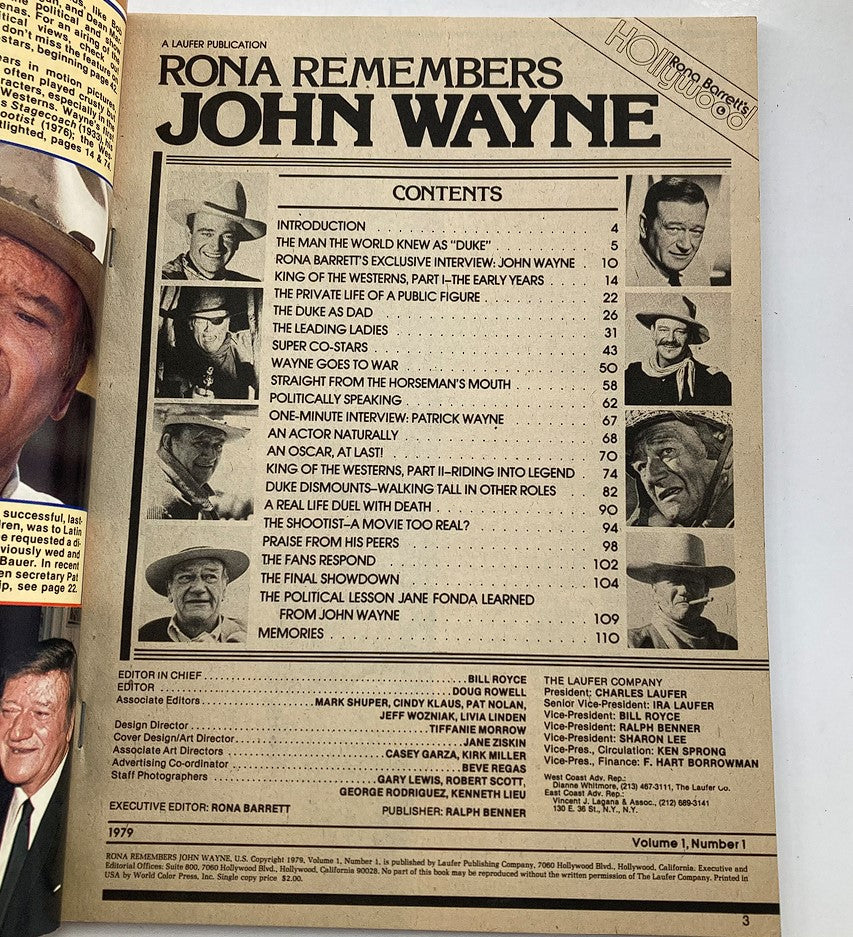 Interior page of VTG Rona Barrett's Hollywood Magazine 1979 detailing the contents of the issue, including articles related to John Wayne.