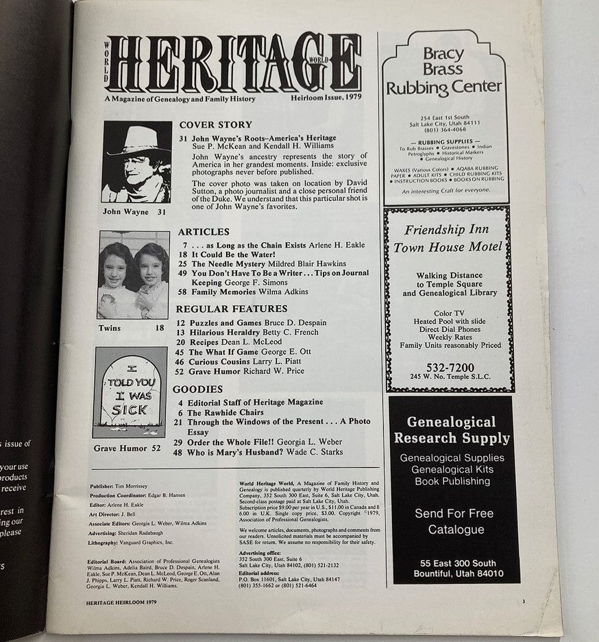 Inside view of the Vintage World Heritage Magazine 1979 Heirloom Issue, detailing articles and features including John Wayne's ancestry and other historical topics.
