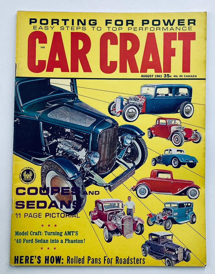 VTG Car Craft Magazine Cover - August 1963, Volume 11, Issue 3 featuring classic coupes and sedans with vibrant graphics and automotive themes.