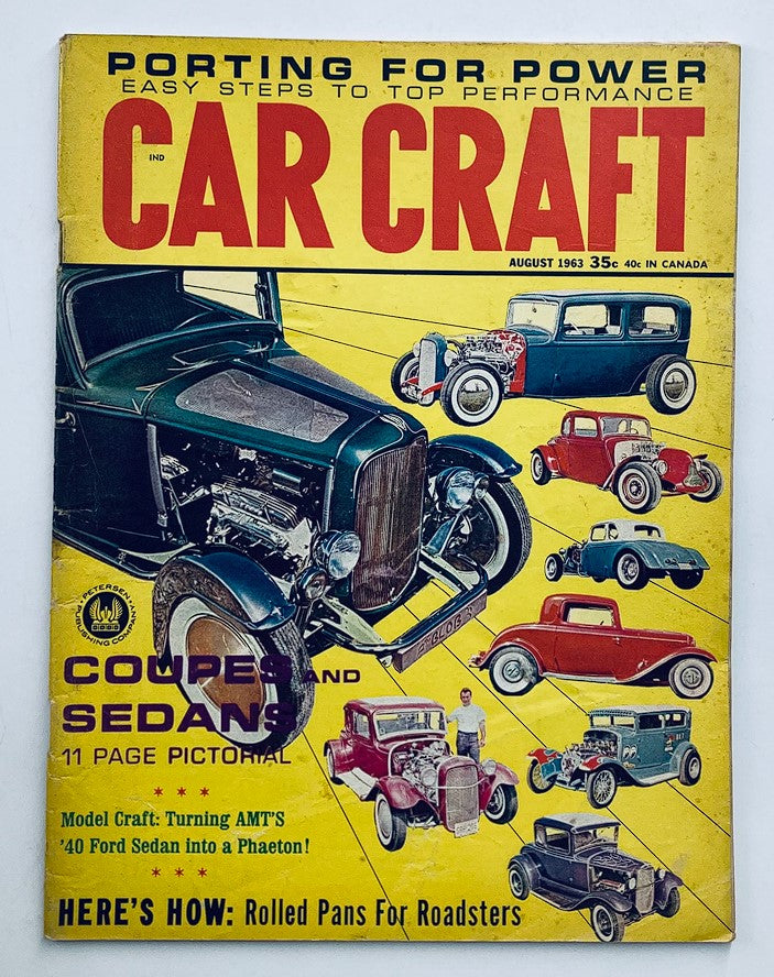 Cover of VTG Car Craft Magazine August 1963, Volume 11, Issue #3 featuring a title 'Porting for Power' and illustrations of classic cars including coupes and sedans.