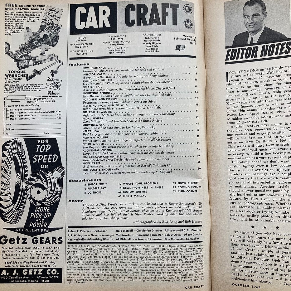 VTG Car Craft Magazine October 1964 Interior page with features overview including '23 T Pickup and editor notes, highlighting classic car articles.