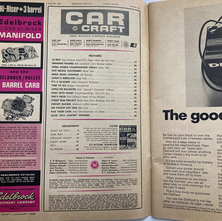 Inside pages of VTG Car Craft Magazine January 1968 Vol 16 #1 displaying contents and articles related to classic car performance and drag racing.