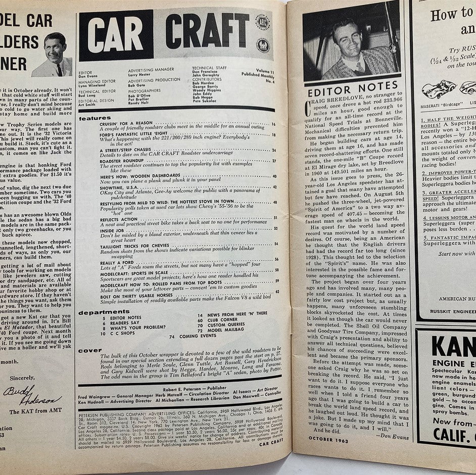Inside page of VTG Car Craft Magazine October 1963 Vol 11 #4 showcasing the table of contents and editor notes, reflecting vintage automotive culture.