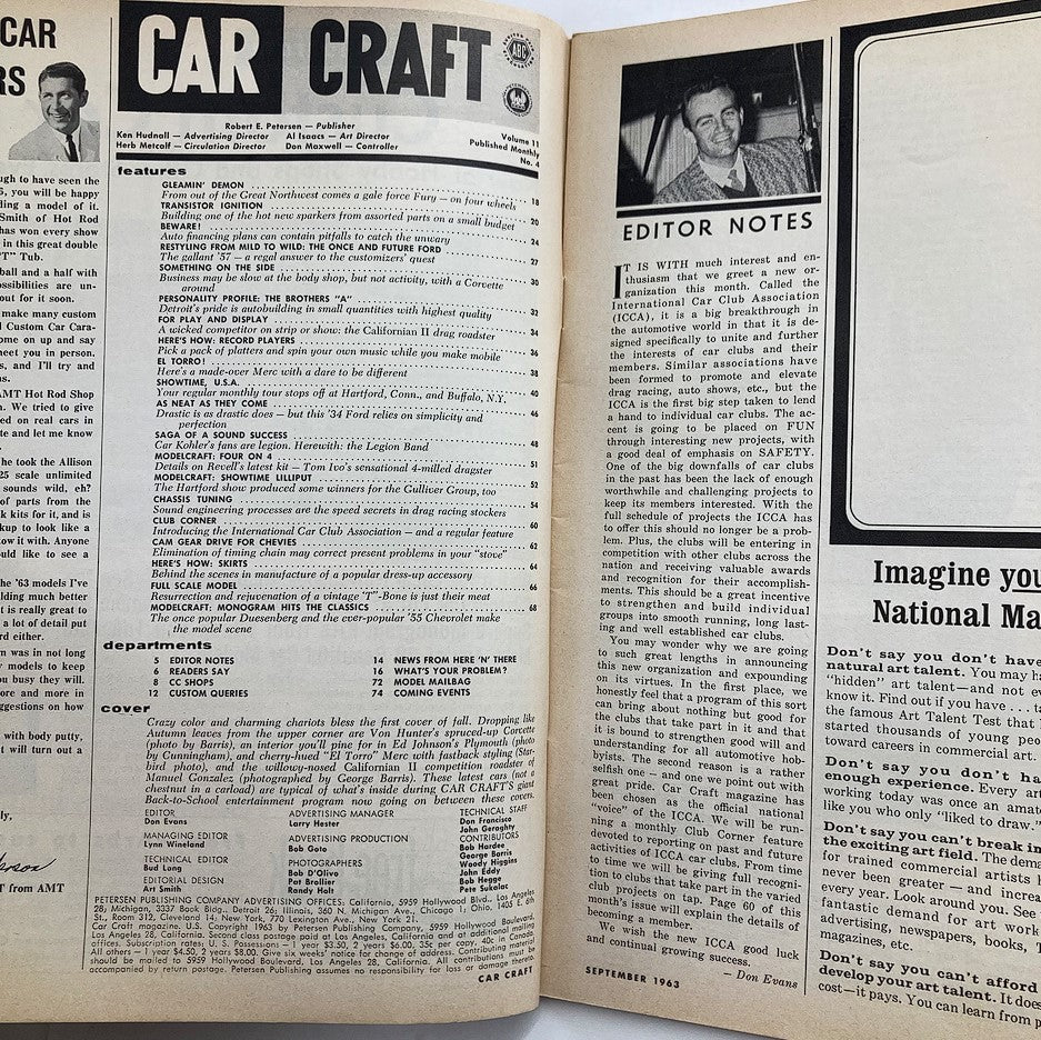 Interior page of VTG Car Craft Magazine September 1963 Vol 11 #4 displaying editor notes and features, highlighting the magazine's retro automotive culture.