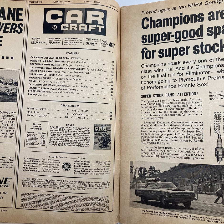 Interior page of VTG Car Craft Magazine October 1967 displaying features and articles relevant to automotive enthusiasts, highlighting super stock racing and car customization.