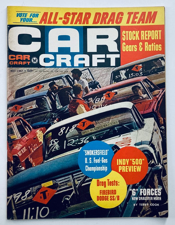 Cover of VTG Car Craft Magazine May 1967 Vol 15 #5 showcasing classic cars with a focus on stock report, gears, and ratios.