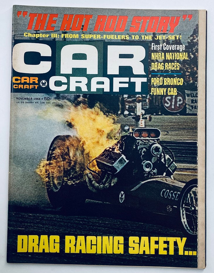 VTG Car Craft Magazine November 1966 Vol 14 #7 featuring the Ford Bronco Funny Car on the cover. The image showcases the vibrant cover design with bold text and an action shot of drag racing, capturing the essence of 1960s car culture.
