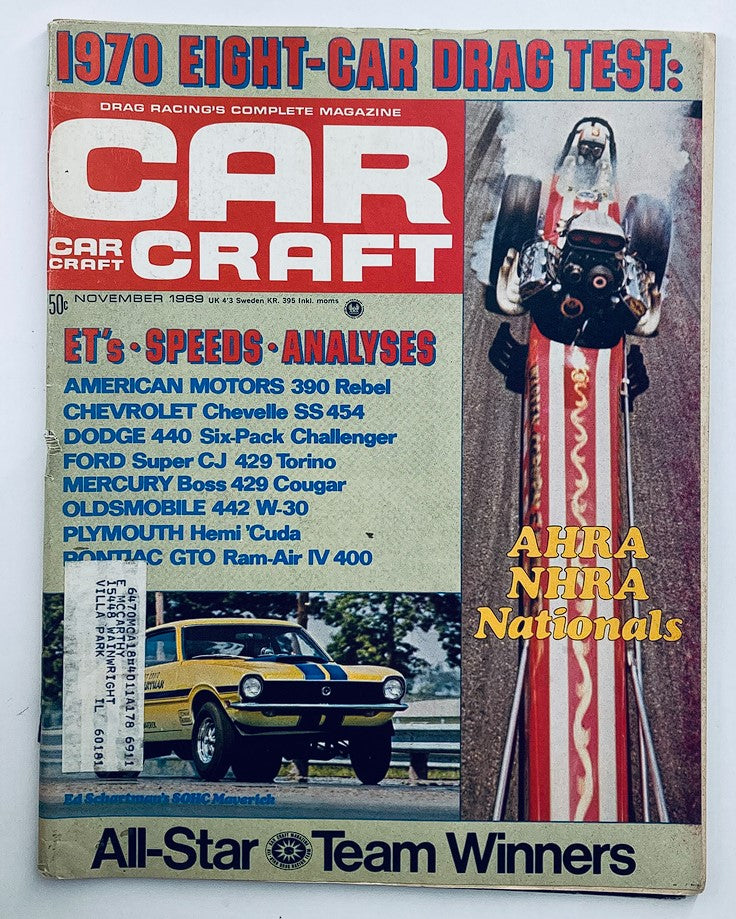 Cover of VTG Car Craft Magazine November 1969 featuring American Motors 390 Rebel and NHRA Nationals, showcasing vibrant design and automotive themes.