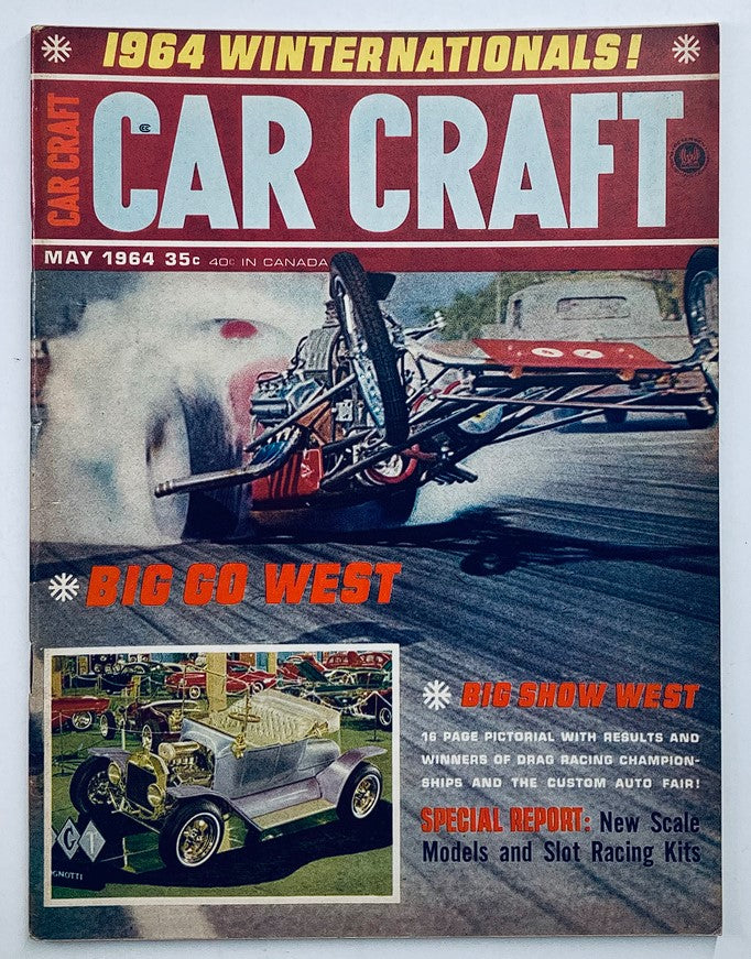 Cover of VTG Car Craft Magazine May 1964 Vol 12 #1 featuring exciting automotive imagery and headlines about scale models and slot racing kits.