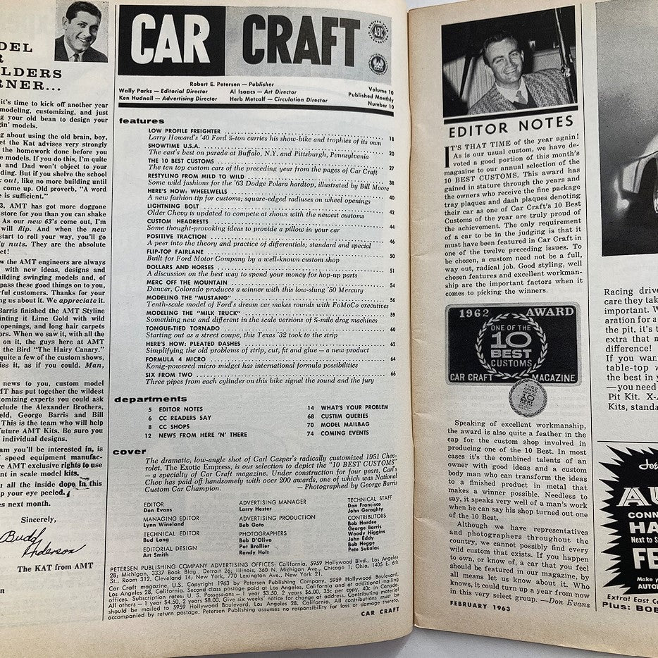 Inside page of VTG Car Craft Magazine February 1963 Vol 10 #10 displaying editor notes and features of the magazine.