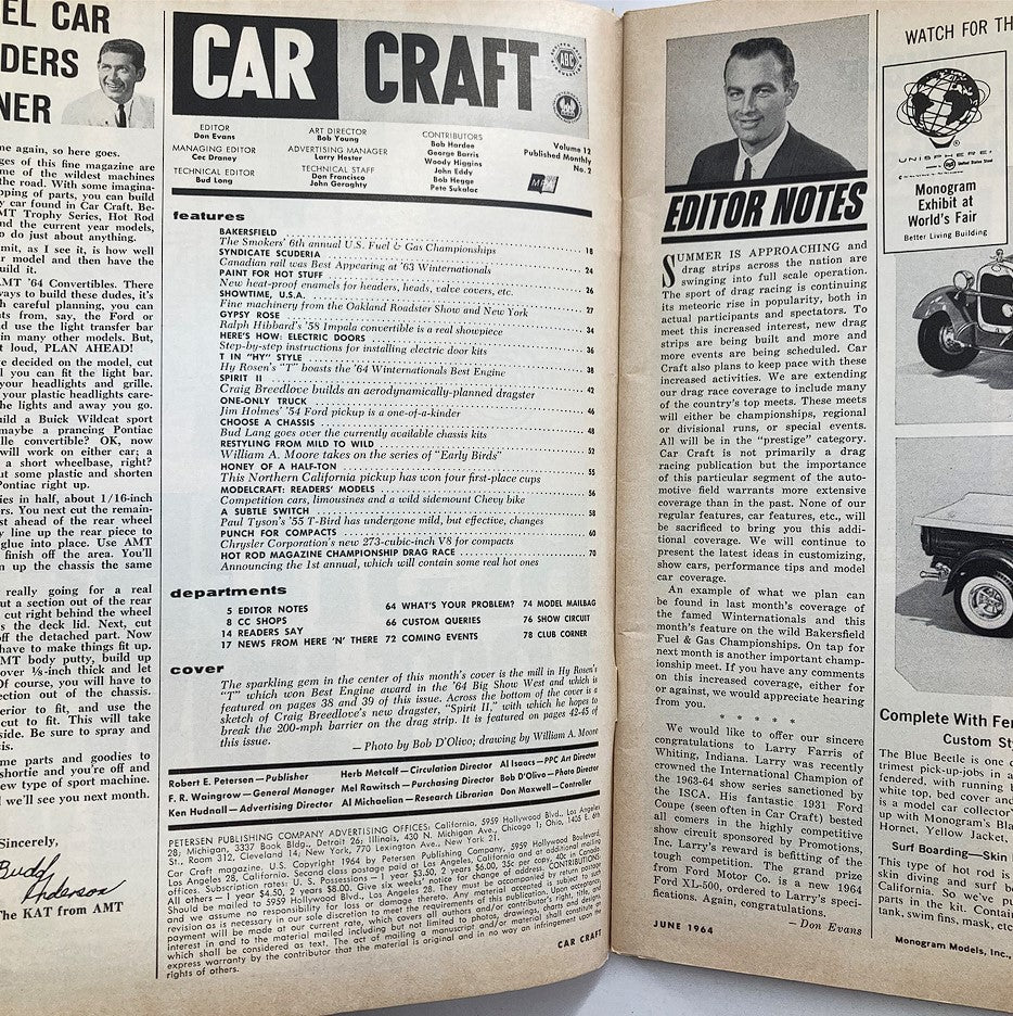 Inside page of VTG Car Craft Magazine June 1964 Vol 12 #2, displaying the table of contents and editor notes, emphasizing articles on car modifications and drag racing events.