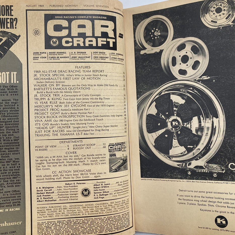 Inside page of the August 1969 issue of Car Craft Magazine, Volume 17 #8, revealing articles on drag racing, including features such as the 1969 All-Star Drag Racing Team Report and technical insights about automotive performance.