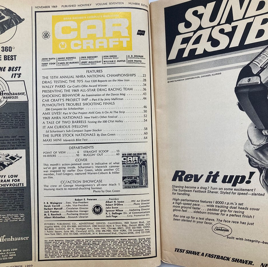 Inside view of VTG Car Craft Magazine November 1969 displaying the table of contents and features related to the automotive world and drag racing.
