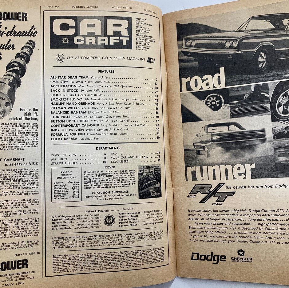 Interior pages of VTG Car Craft Magazine May 1967 Vol 15 #5 featuring automotive articles and a contents section related to classic cars.