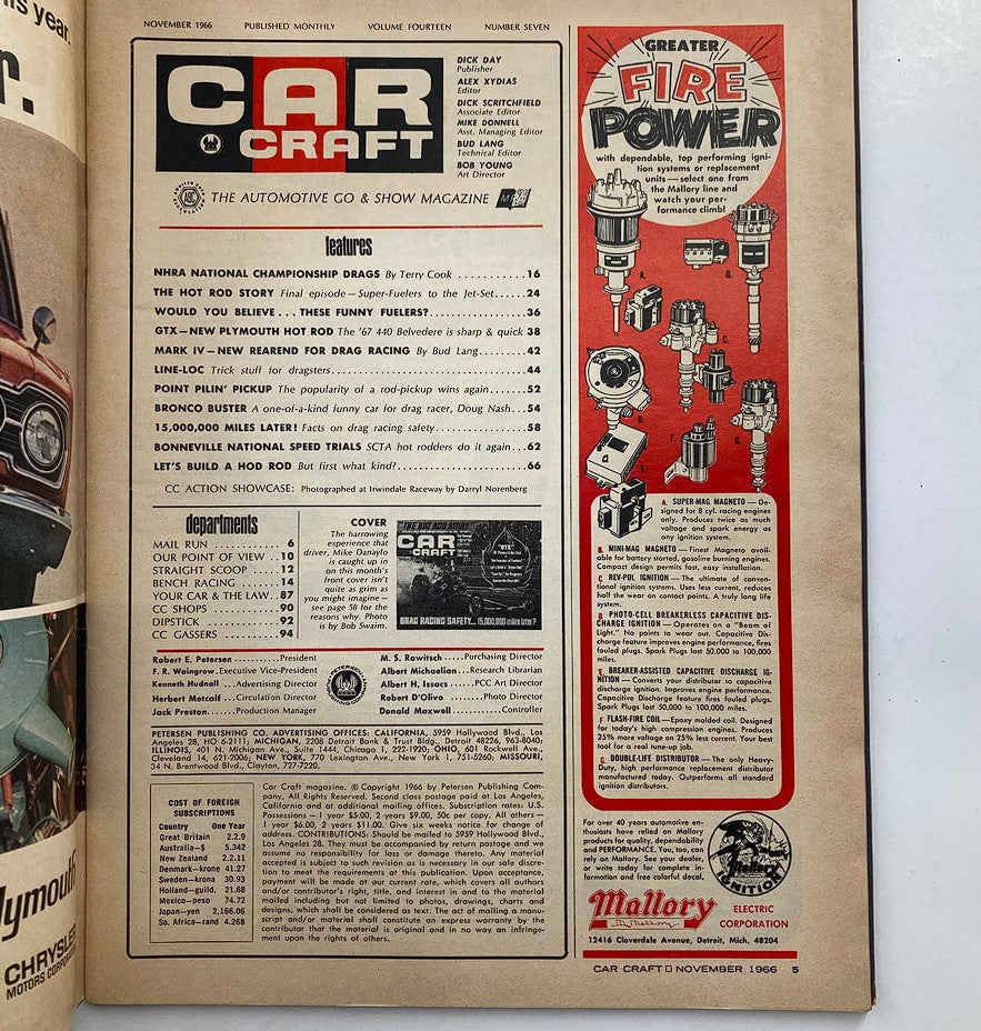 Inside page of VTG Car Craft Magazine November 1966 Vol 14 #7. The layout highlights various features and articles including NHRA National Drag Races and automotive innovations, reflecting the rich history of drag racing and car enthusiasts in the 1960s.