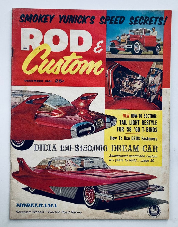 Cover of VTG Rod & Custom Magazine December 1961 Vol 9 #8 showcasing a vibrant design with classic cars and details like 'Smokey Yunick's Speed Secrets' and 'Modelrama Reversed'.