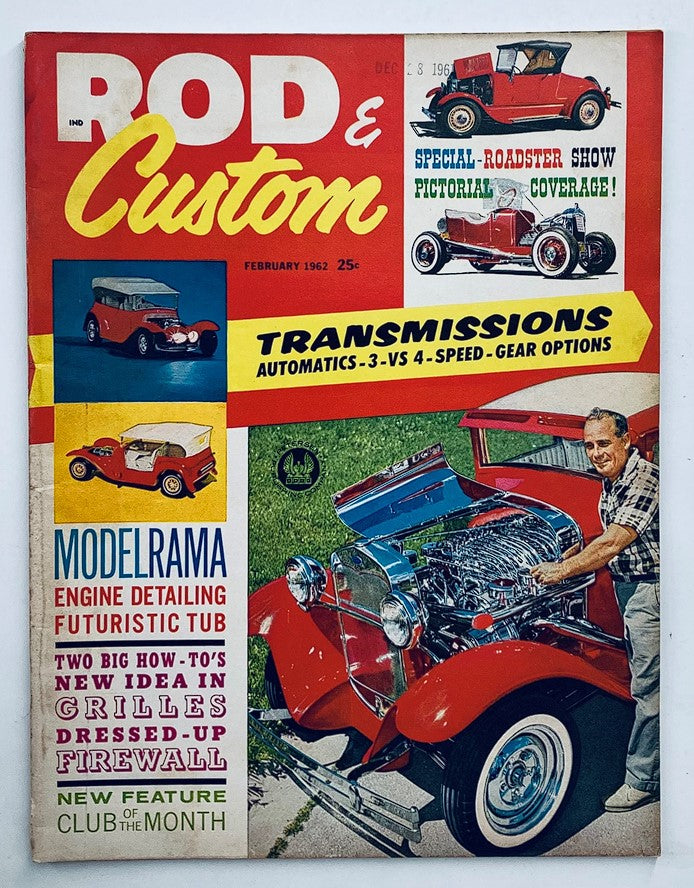 Cover of VTG Rod & Custom Magazine February 1962 Volume 9 #10, featuring a vibrant layout with articles on street transmissions, images of classic cars, and a special pictorial coverage of a roadster show.