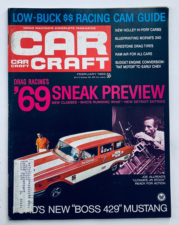Cover image of Car Craft Magazine February 1969 showcasing Ford's New 'Boss 429' Mustang. Features a vintage design with bold headlines and racing imagery.