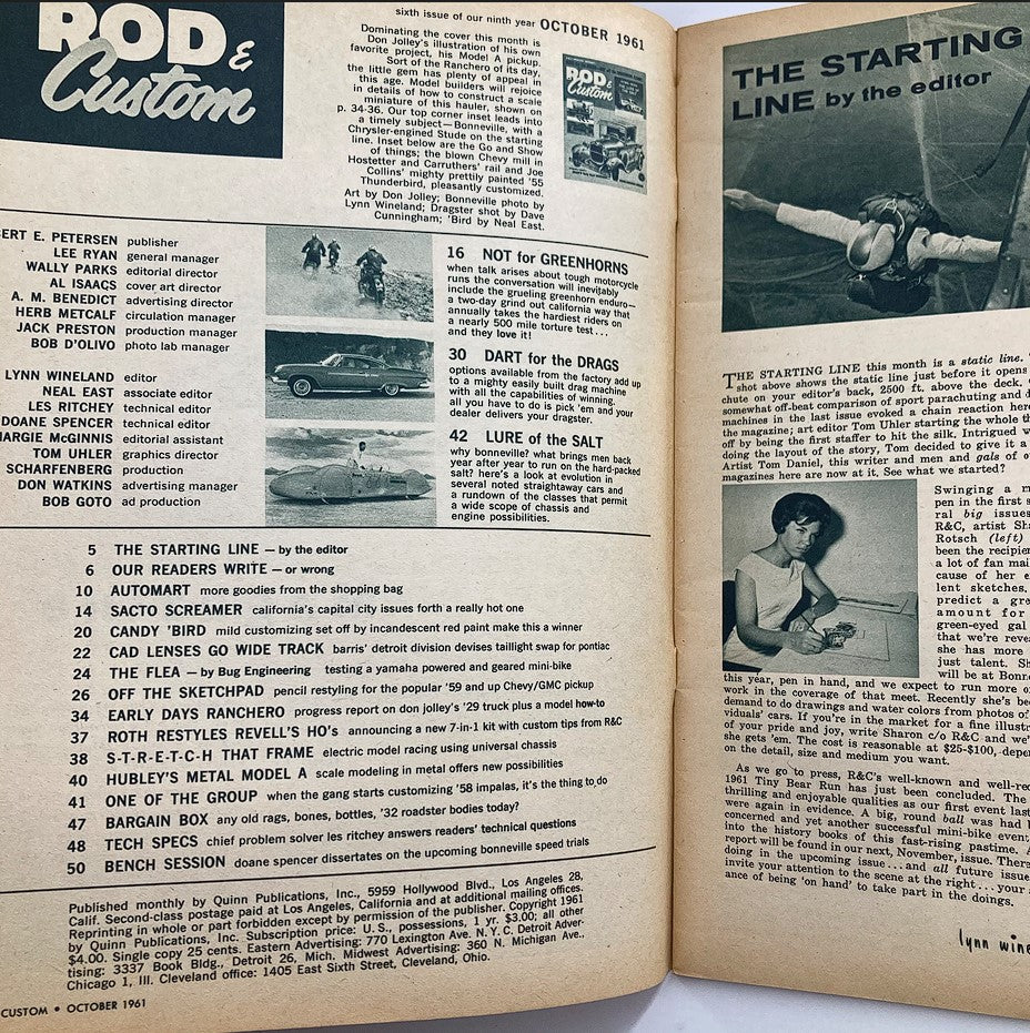 Inside page of VTG Rod & Custom Magazine October 1961, displaying the table of contents and articles related to classic cars, hot rodding, and automotive insights.