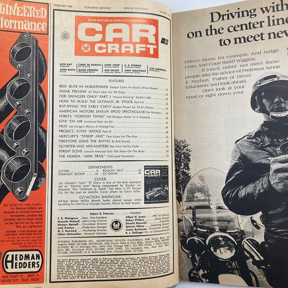 Inside view of the February 1969 issue of Car Craft Magazine featuring the table of contents and articles related to automotive performance, including Ford's New 'Boss 429' Mustang.