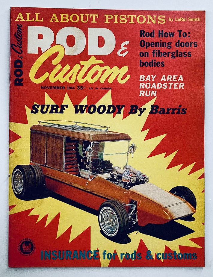 Cover of VTG Rod & Custom Magazine November 1964 featuring Surf Woody by Barris, highlighting automotive design and culture.